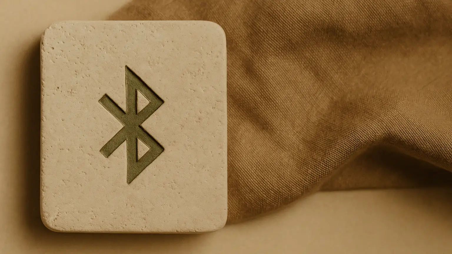 אבן עם חריטה של bluetooth על מצע של מגבת קש